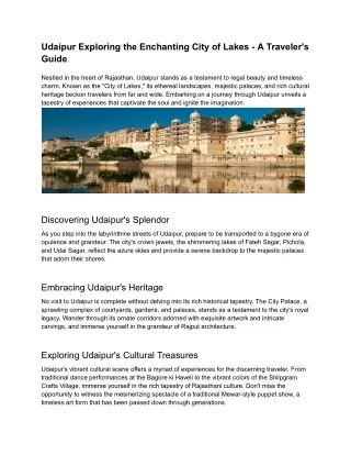 Udaipur Exploring the Enchanting City of Lakes - A Traveler's Guide