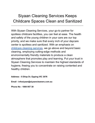 Siyaan Cleaning Services Keeps Childcare Spaces Clean and Sanitized