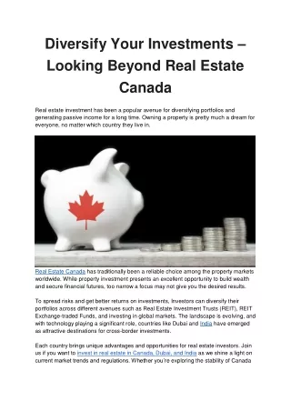 Diversify Your Investments – Looking Beyond Real Estate Canada