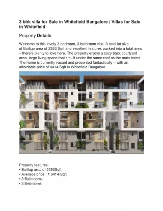 3 bhk villa for Sale in Whitefield Bangalore