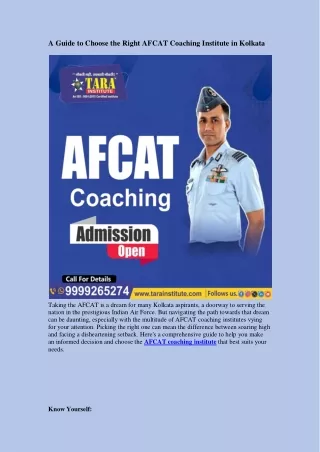 A Guide to Choose the Right AFCAT Coaching Institute in Kolkata