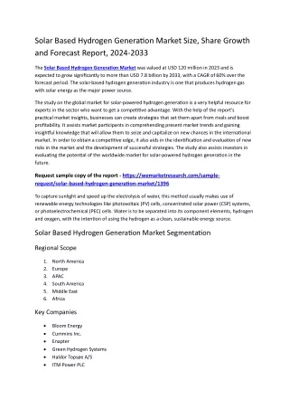 Solar Based Hydrogen Generation Market Size, Share Growth and Forecast Report, 2