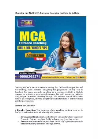 Choosing the Right MCA Entrance Coaching Institute in Kolkata