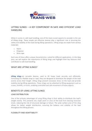 Lifting Slings - A Key Component in Safe and Efficient Load Handling - Trans-Web