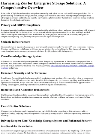 Harnessing Züs for Enterprise Storage Solutions: A Comprehensive Overview