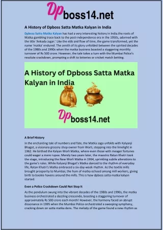 A History of Dpboss Satta Matka Kalyan in India