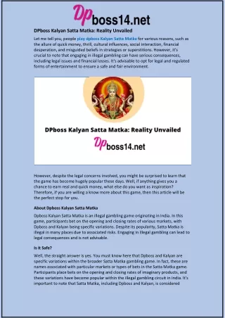 DPboss Kalyan Satta Matka: Reality Unvailed