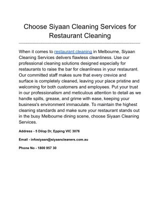 Choose Siyaan Cleaning Services for Restaurant Cleaning