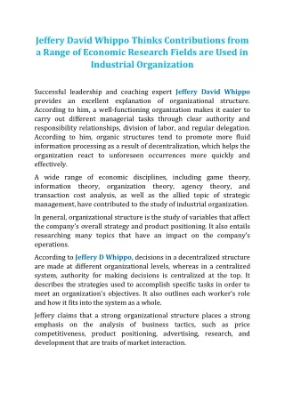 Jeffery David Whippo Thinks Contributions from a Range of Economic Research Fields are Used in Industrial Organization