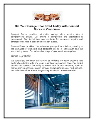 Get Your Garage Door Fixed Today With Comfort Doors In Vancouver