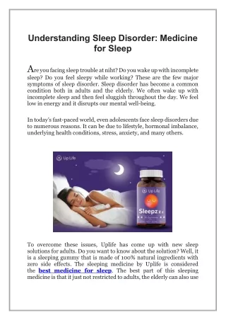 Understanding Sleep Disorder: Medicine for Sleep