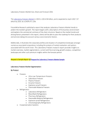 Laboratory Freezers Market Size, Share and Forecast 2031