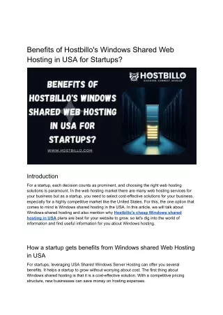 Benefits of Hostbillo's Windows Shared Web Hosting in USA for Startups