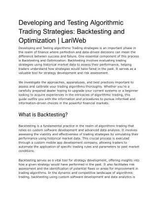 Developing and Testing Algorithmic Trading Strategies_ Backtesting and Optimization _ LariWeb