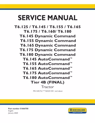 New Holland T6.145 Dynamic Command Tier 4B (FINAL) Tractor Service Repair Manual