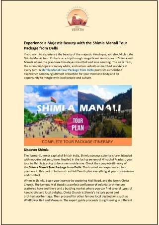 Experience a Majestic Beauty with the Shimla Manali Tour Package from Delhi