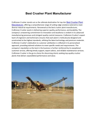 Best Crusher Plant Manufacturer