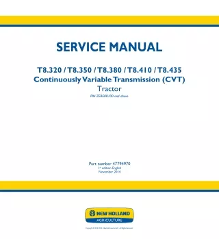 New Holland T8.410 Continuously Variable Transmission (CVT) Tractor Service Repair Manual 1