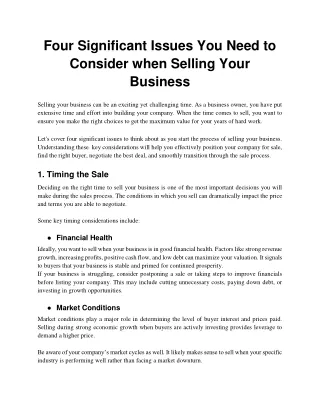 Four Significant Issues you need to consider when selling your business