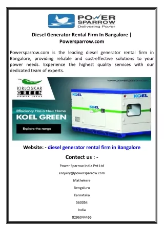 Diesel Generator Rental Firm In Bangalore  Powersparrow.com