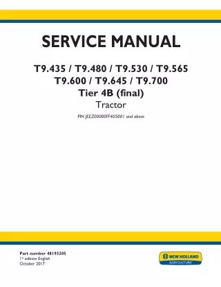 New Holland T9.600 CVT, factory SmartTrax™, TIER 4B Tractor Service Repair Manual [JEEZ00000FF405001 - ]