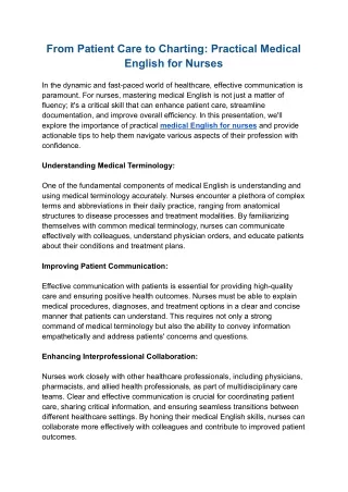 From Patient Care to Charting: Practical Medical English for Nurses