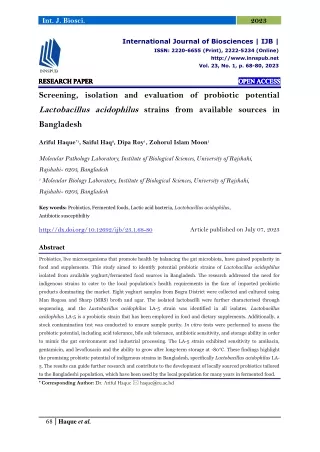 Screening, isolation and evaluation of probiotic potential Lactobacillus