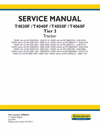 New Holland T4030F With cab Tier 3 Tractor Service Repair Manual [Z8JD05996 -ZCJD10540]