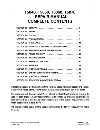 New Holland T5040 Tractor Service Repair Manual