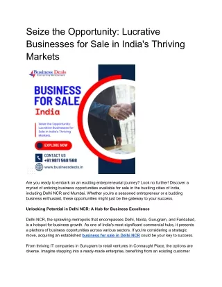 Seize the Opportunity: Lucrative Businesses for Sale in India's Thriving Markets