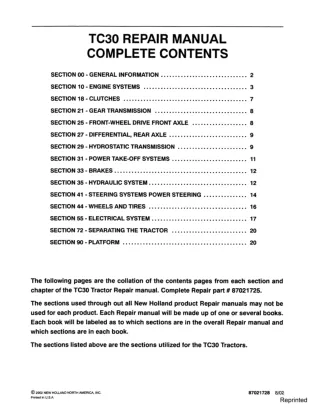 New Holland TC30 Tractor Service Repair Manual