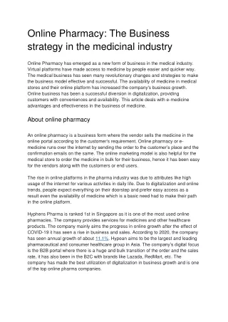 Online Pharmacy_ The Business strategy in the medicinal industry