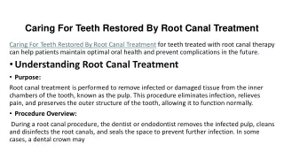 Caring For Teeth Restored By Root Canal Treatment