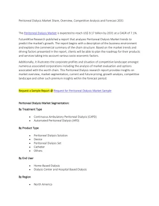 Peritoneal Dialysis Market Share, Overview, Competitive Analysis and Forecast 20