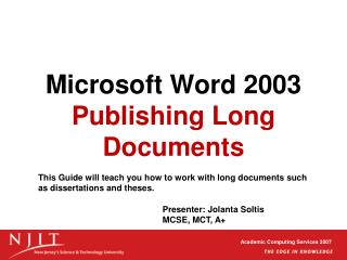 Microsoft Word 2003 Publishing Long Documents