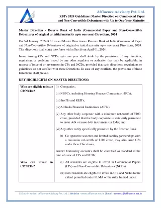 RBI's 2024 Guidelines Master Direction on Commercial Paper and Non-Convertible Debentures with Up to One-Year Maturity