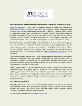 InBlock Management Ltd Offers Comprehensive Management Solutions for Leasehold Major Works