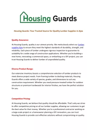 HOUSING GUARDS: YOUR TRUSTED SOURCE FOR QUALITY LUMBER SUPPLIES IN AJAX