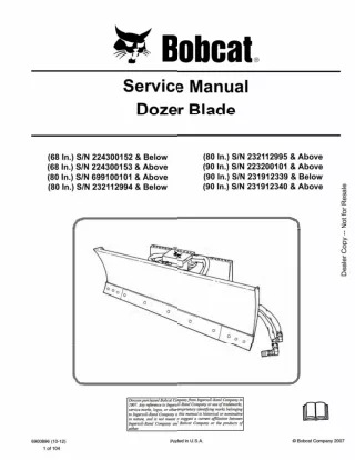 Bobcat 80 In Dozer Blade Service Repair Manual SN 232112994 AND Below