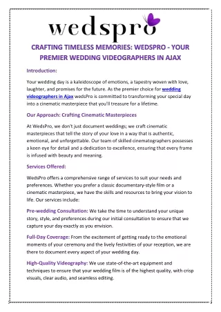 CRAFTING TIMELESS MEMORIES: WEDSPRO - YOUR PREMIER WEDDING VIDEOGRAPHERS IN AJAX