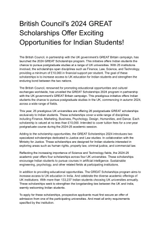 British Council's 2024 GREAT Scholarships Offer Exciting Opportunities for Indian Students