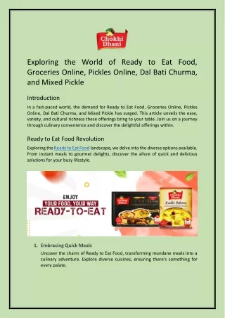 Exploring the World of Ready to Eat Food, Groceries Online, Pickles Online, Dal