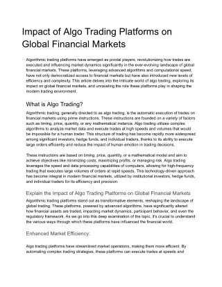 Impact of Algo Trading Platforms on Global Financial Markets