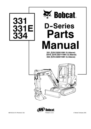 Bobcat 331ED Excavator Parts Catalogue Manual SN 232711001 and Above