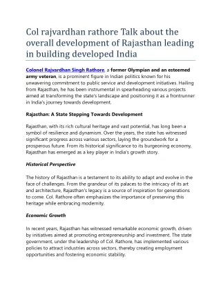 Col rajvardhan rathore Talk about the overall development of Rajasthan leading in building developed India