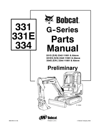 Bobcat 331G Excavator Parts Catalogue Manual SN 234311001 and Above