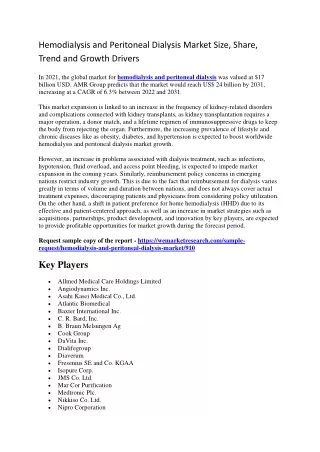 Hemodialysis and Peritoneal Dialysis Market