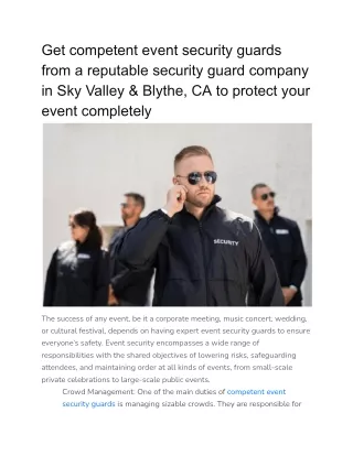 Get competent event security guards from a reputable security guard company in Sky Valley & Blythe, CA to protect your e