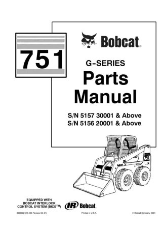 Bobcat 751 G-Series Skid Steer Loader Parts Catalogue Manual SN 515620001 and Above