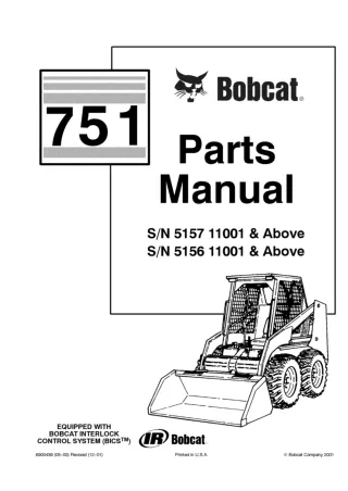 Bobcat 751 Skid Steer Loader Parts Catalogue Manual SN 515711001 and Above